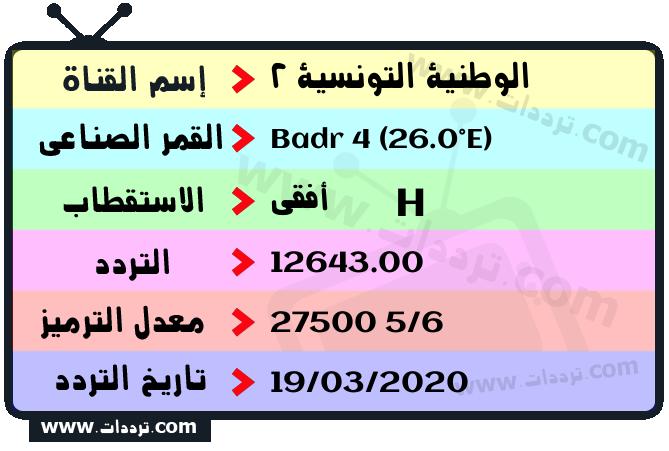 تردد قناة الوطنية التونسية 2 على القمر بدر سات 4 26 شرق 2024